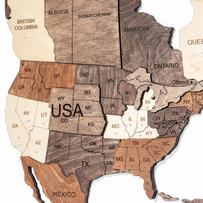 Köp unik trä-världskarta som visar USA, Kanada och Mexiko. Perfekt som väggdekoration för hem eller kontor. Geografisk och stilren design.