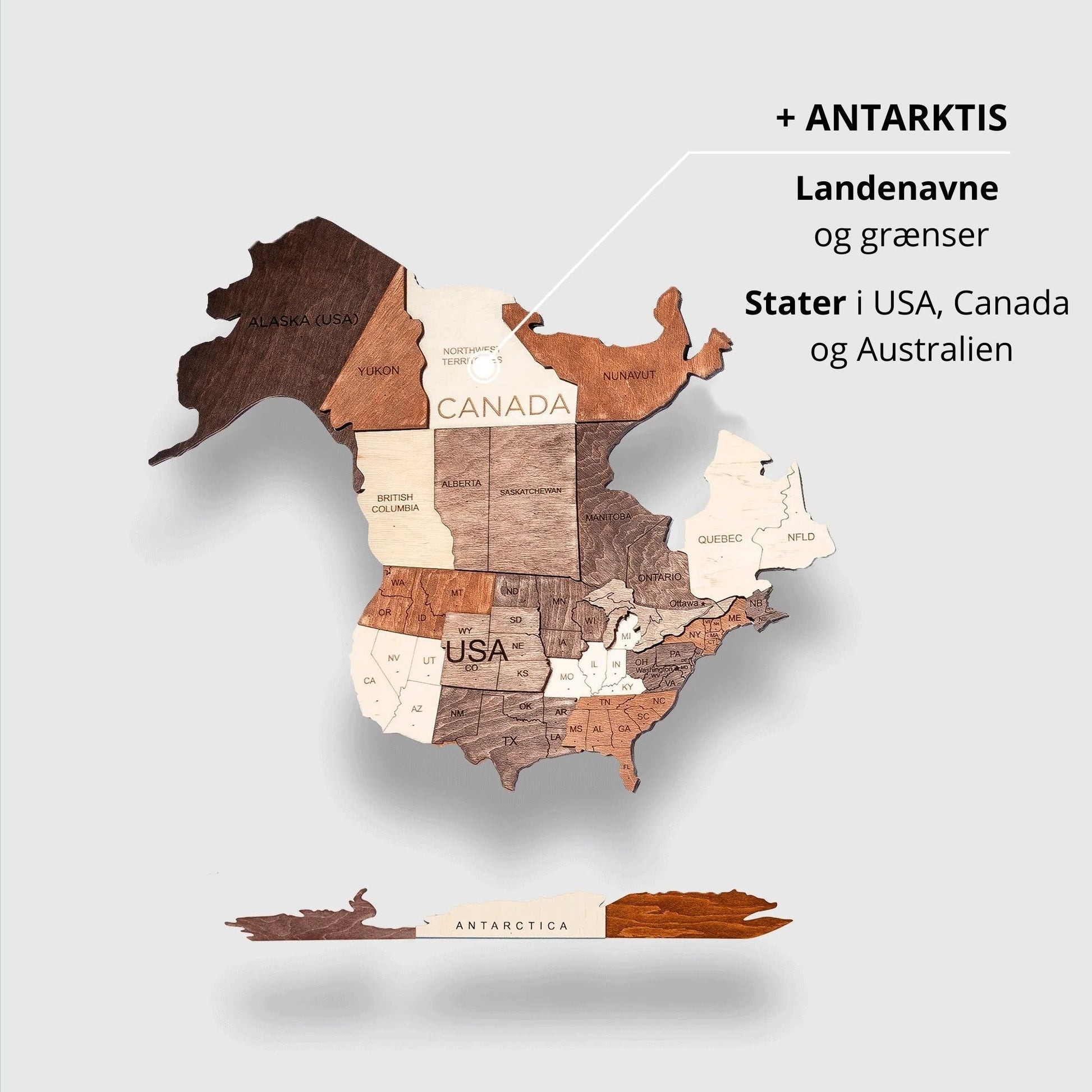 Köp trä-världskarta med stater i USA, Kanada och Australien. Perfekt som väggdekoration eller pedagogisk karta. Unik design med Antarktis